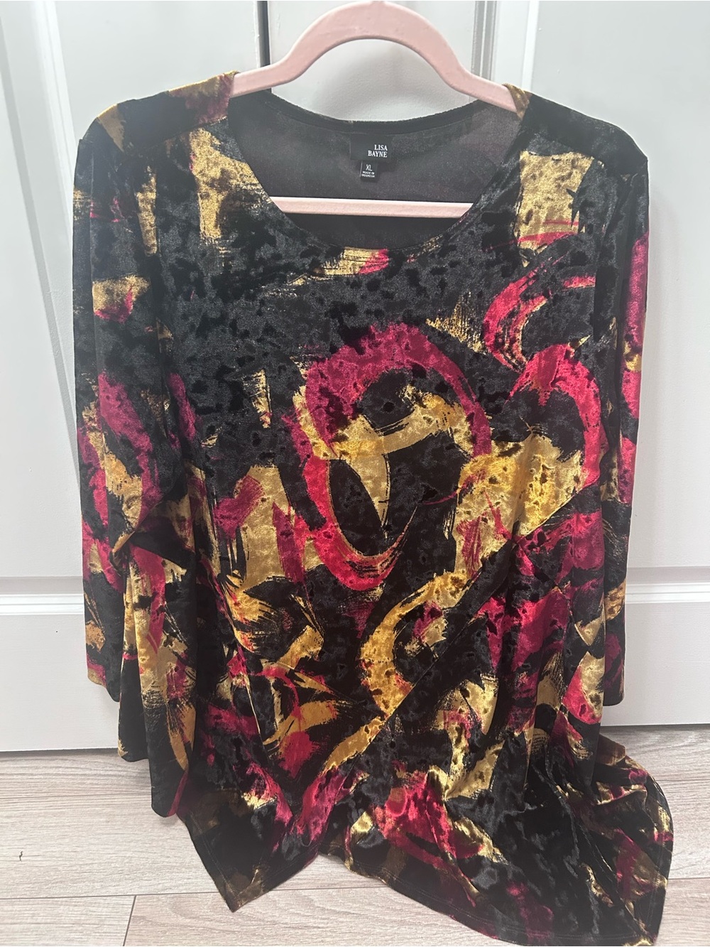 Lisa Bayne Black Velvet Tunic with Gold & Red Abstract Print XL 3/4 Sleeves